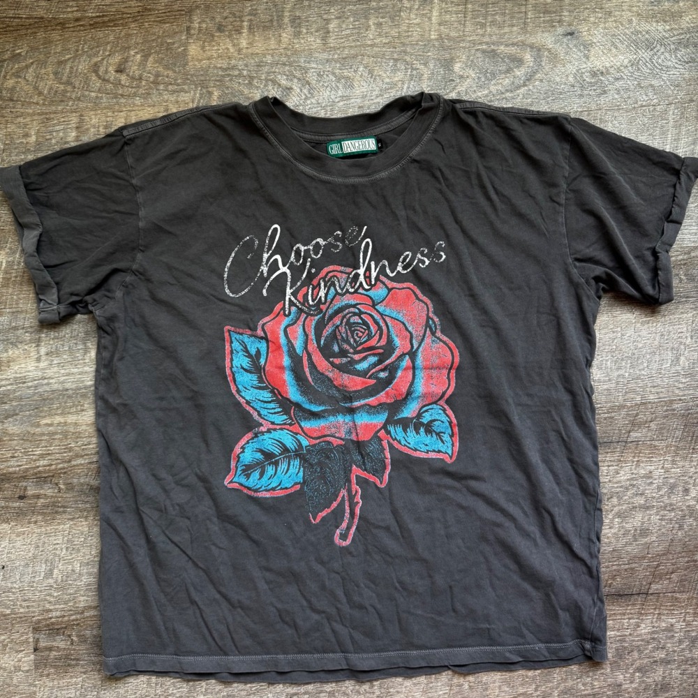 Girl Dangerous Choose Kindness Rose Graphic T-Shirt XL Relaxed Charcoal Gray